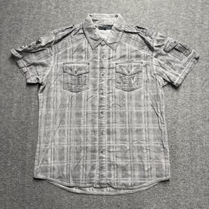 Affliction X Buckle Short Sleeve Button Down Shirt Men's XL Gray Skull Pockets
